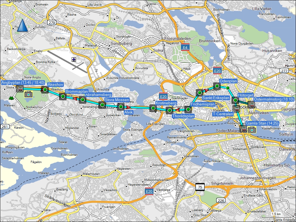wegstrecke der fahrt mit der tunnelbanan vom bahnhof ngbyplan zur station gamla stan im zentrum von stockholm, SE und von der station stermalmstorg zurck zum bahnhof ngbyplan