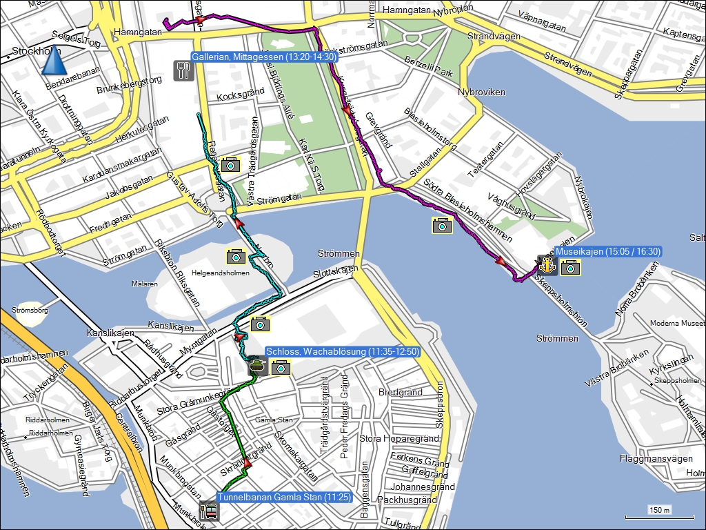 wegstrecke des fussmarsches von gamla stan in stockholm, SE via knigsschloss und einkaufszentrum gallerian zum museikajen
