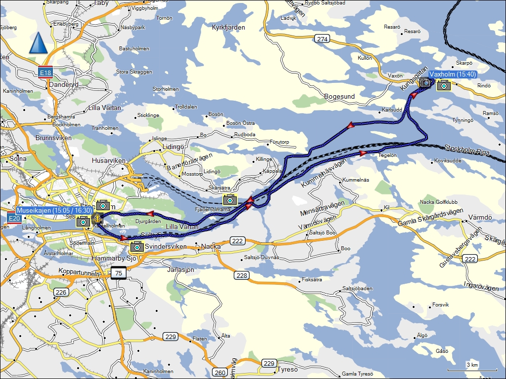 wegstrecke der fahrt mit dem schnellboot vom museikajen in stockholm, SE nach vaxholm und zurck