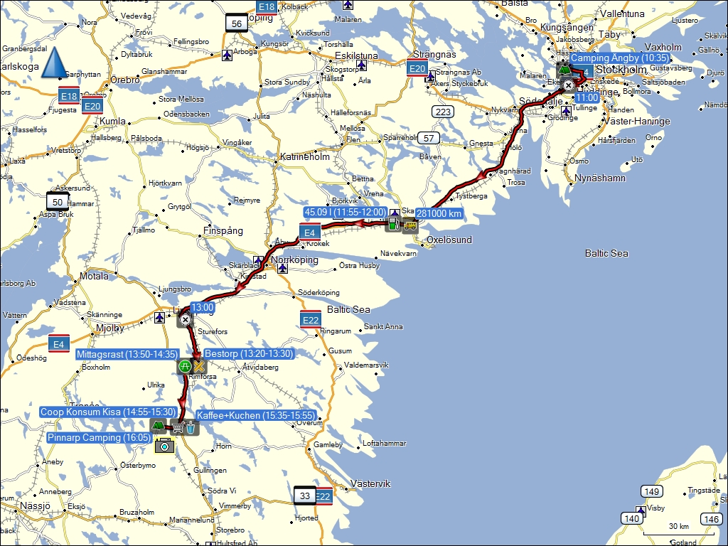 wegstrecke der fahrt von stockholm, SE zum pinnarp camping bei kisa, SE