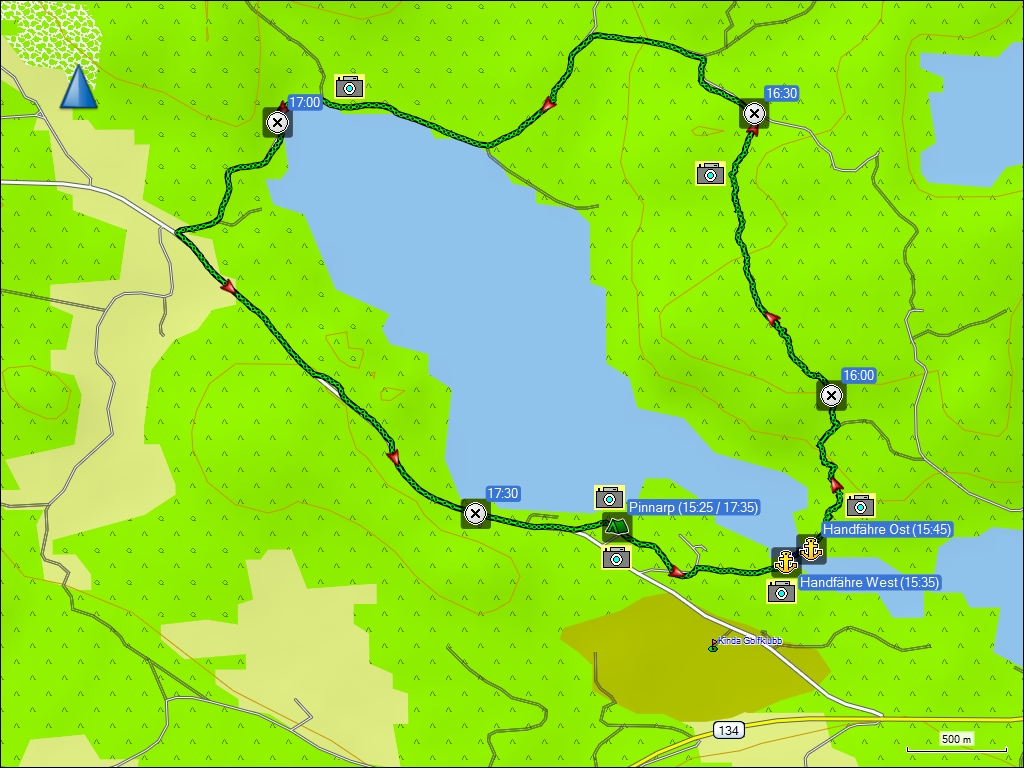 wegstrecke der wanderung vom pinnarp camping bei kisa, SE rund um den see vre fllingen