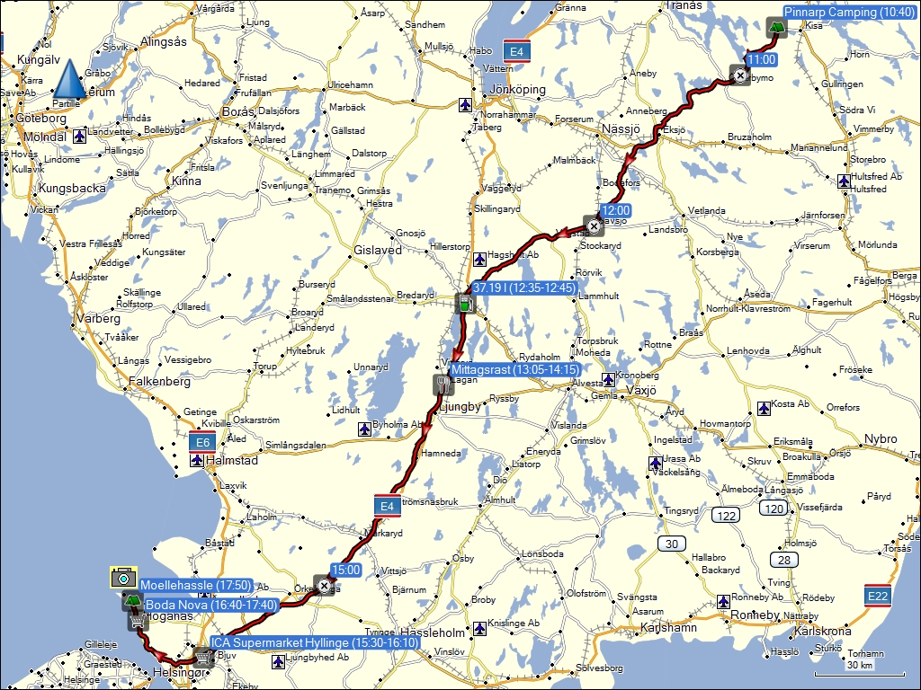 wegstrecke der fahrt vom pinnarp camping bei kisa, SE via fabrikladen boda nova zum campingplatz mllehassle, SE