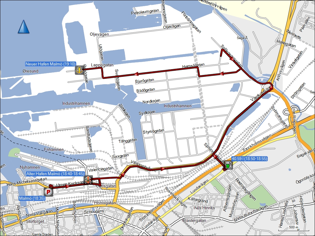 wegstrecke der fahrt vom stadtzentrum zum berseehafen von malm, SE