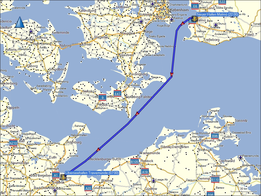 wegstrecke der fahrt mit der fhre von malm, SE nach travemnde, DE