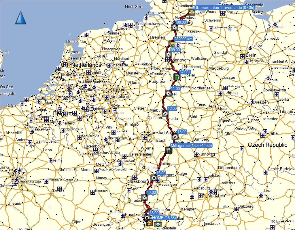 wegstrecke der fahrt von travemnde, DE nach daheim, CH