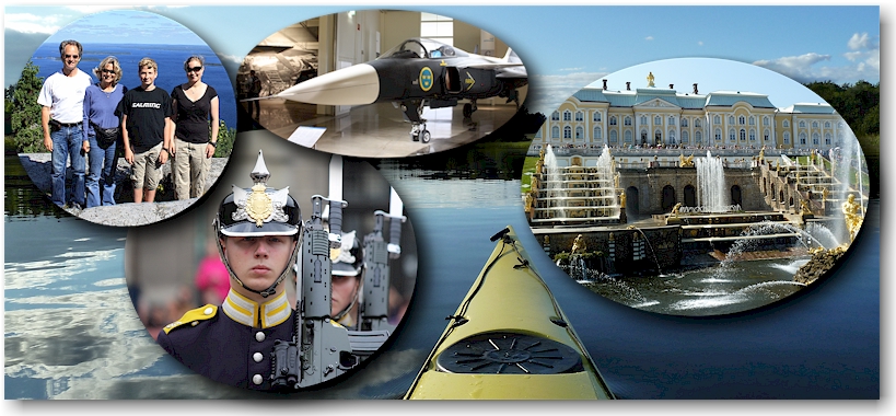 kajak auf dem kisa kanal mit den ambis, schlosswache, saab gripen und peterhof 