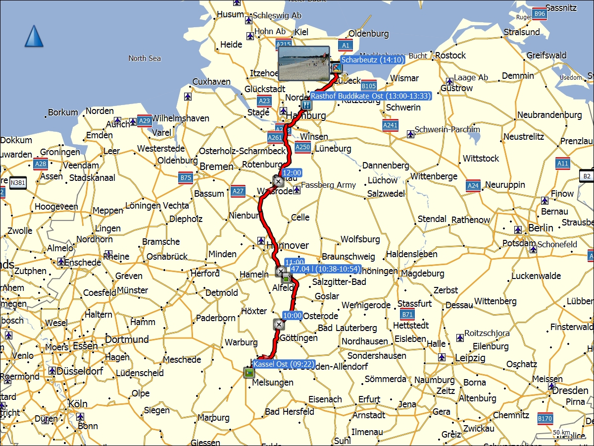 wegstrecke der fahrt von der raststaette kassel ost nach scharbeutz an der ostsee
