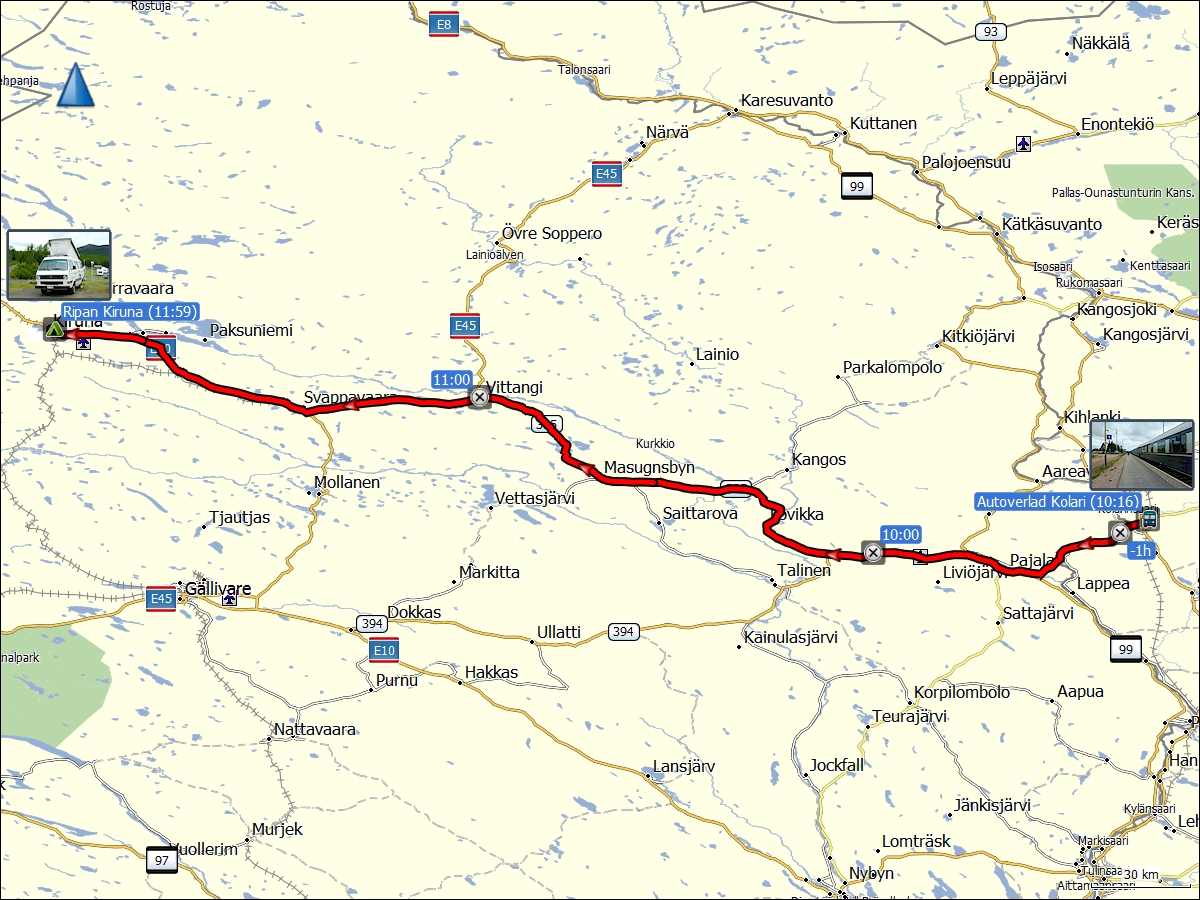 wegstrecke der fahrt vom autoverlad kolari zum campingplatz ripan in kiruna