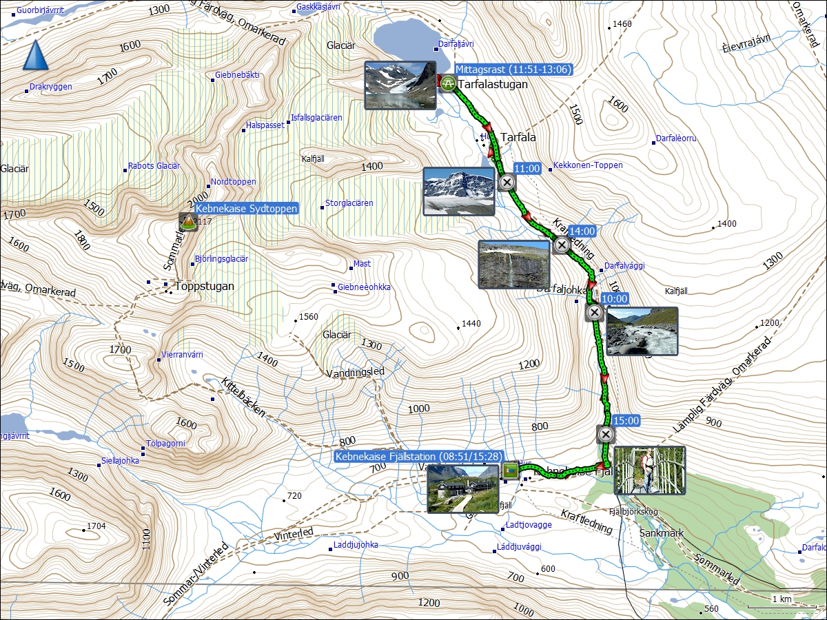 wegstrecke der wanderung von der kebnekaise fjaellstation nach tarfala und zurueck