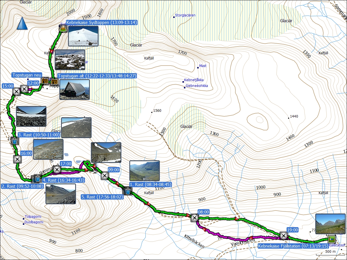 wegstrecke der wanderung von der kebnekaise fjaellstation auf den kebnekaise sydtoppen und zurueck