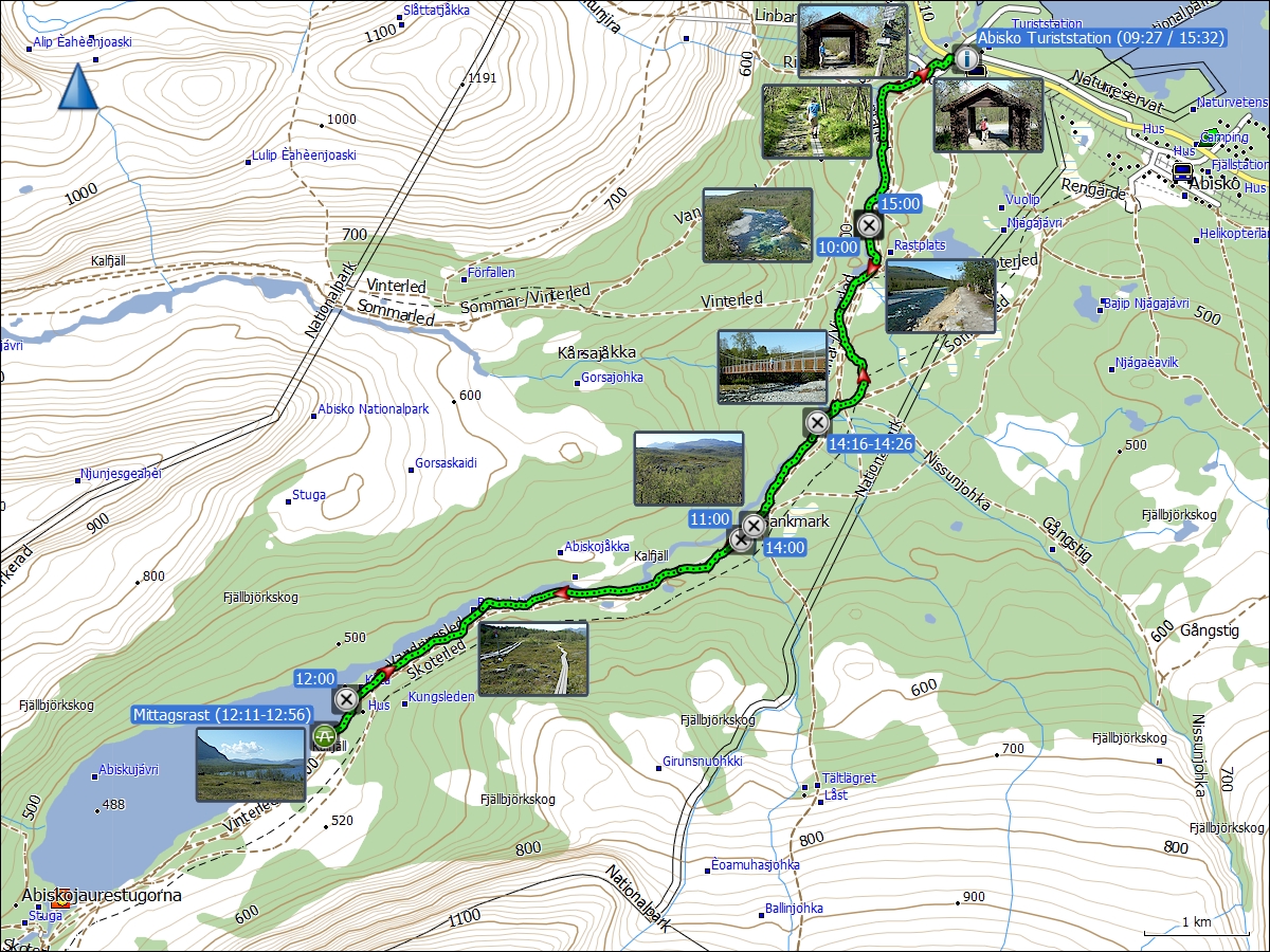 wegstrecke der wanderung von der touriststation abisko zum see abeskojavri und zurueck