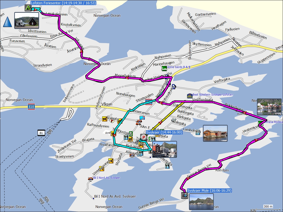 wegstrecken diverser autofahrten in svolvaer