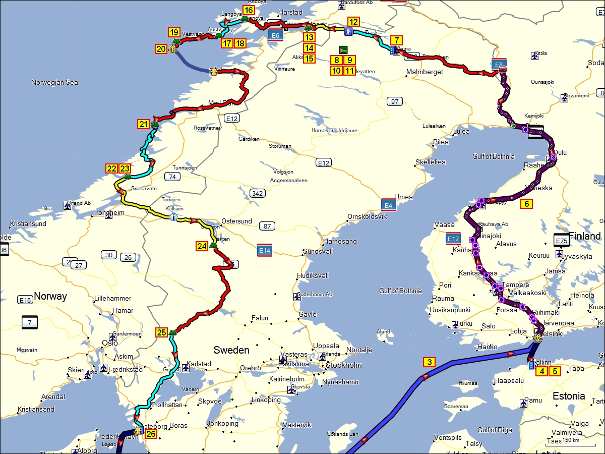 zurckgelegte wegstrecke mit tageszielen in estland, finnland, norwegen und schweden