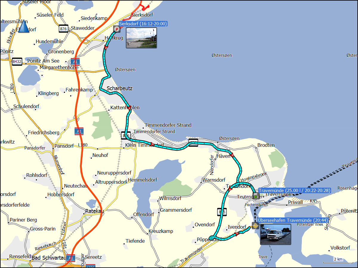 wegstrecke der fahrt sierksdorf zum ueberseehafen travemuende
