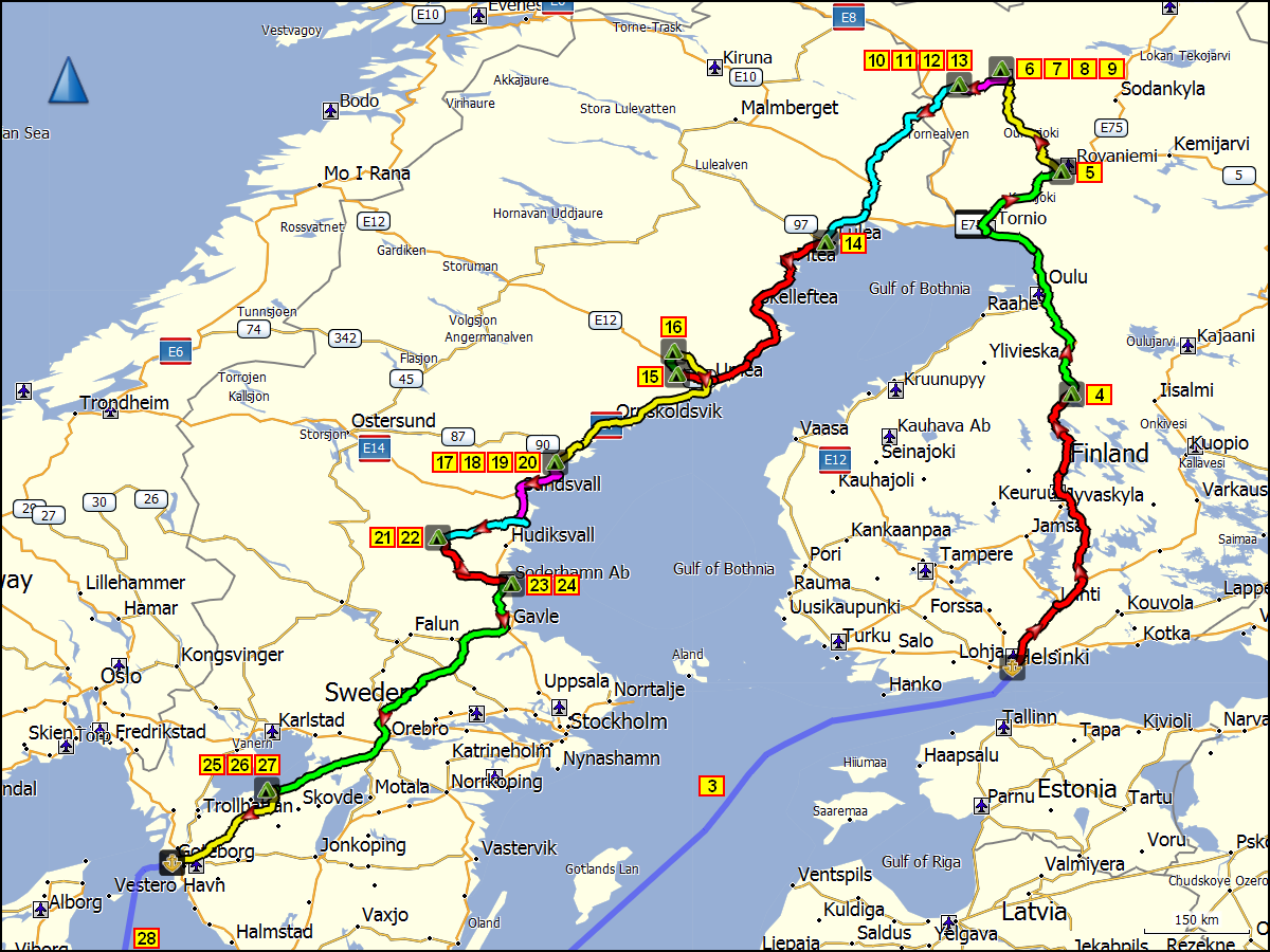 zurueckgelegte wegstrecke mit tageszielen in finnland und schweden