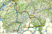 (blau: hinflug 174 nm = 323 km / gelb: rückflug 129 nm = 239 km / v<SUB>max</SUB>: 147 kt = 272 km/h, h<SUB>max</SUB>: 12950 ft = 3947 m)