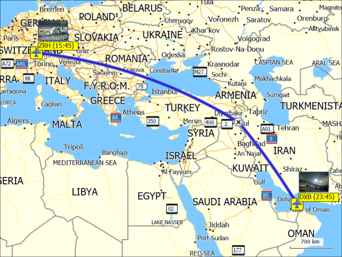 wegstrecke des fluges von zuerich-kloten (ZRH) nach dubai (DXB)