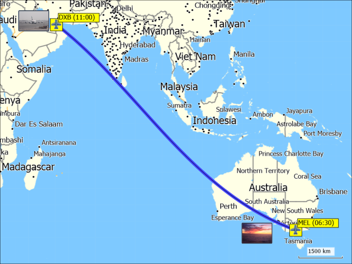 wegstrecke des fluges von dubai (DXB) nach melbourne (MEL)