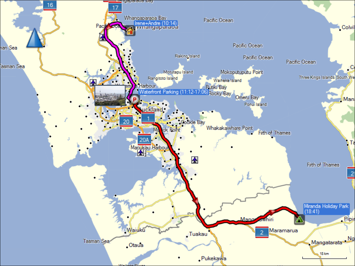 wegstrecke der fahrt von whangapaoroa zum miranda holiday park via auckland