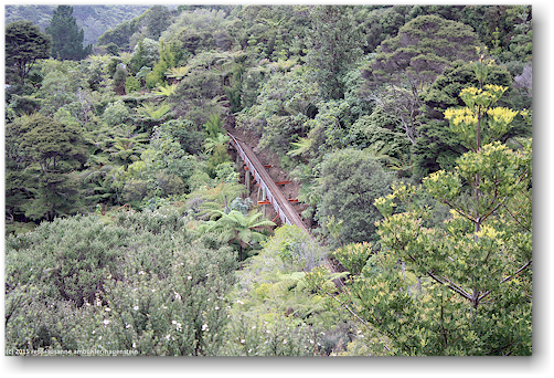blick vom eyefull tower auf das gleis der driving creek railroad bei coromandel