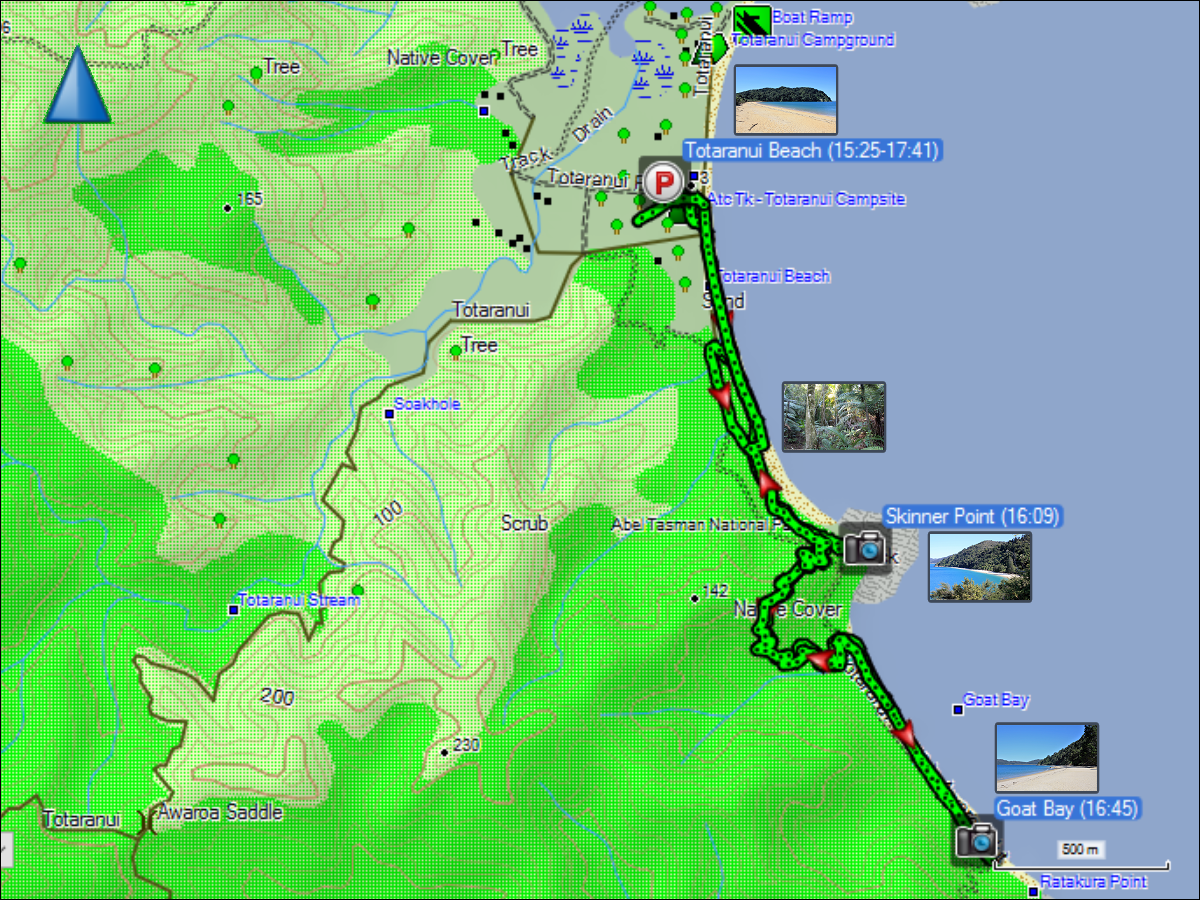 wegstrecke der wanderung an der totaranui beach im abel tasman national park
