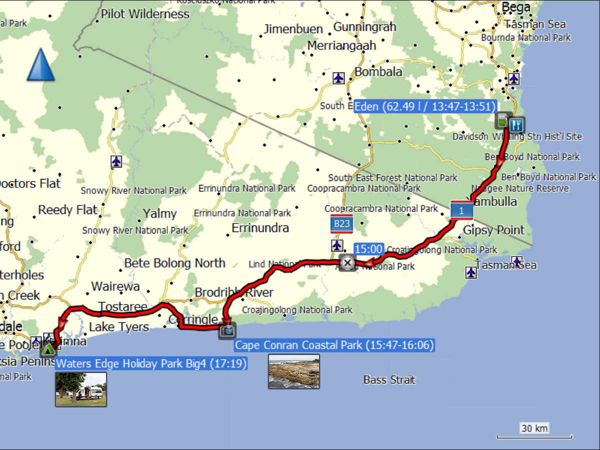wegstrecke der fahrt von eden nach lakes entrance