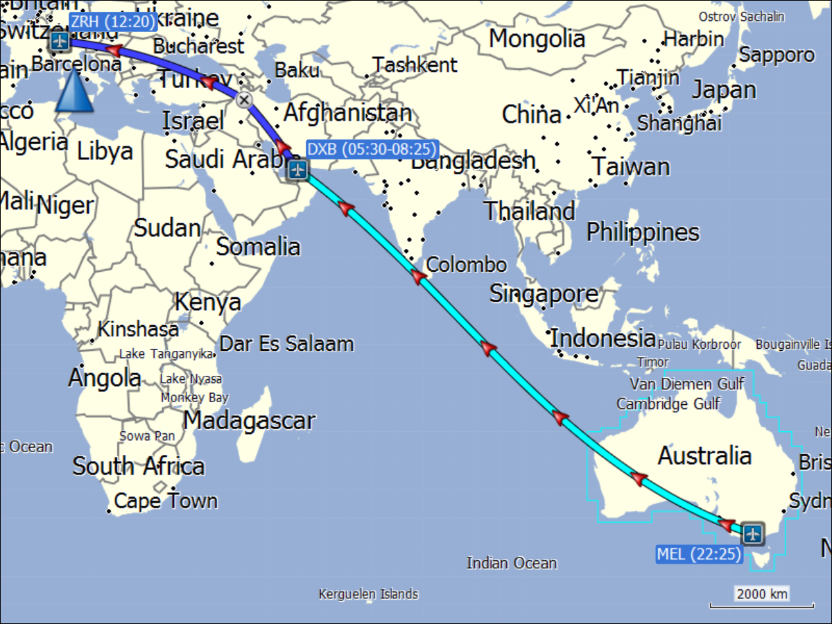 wegstrecken der fluege von melbourne (MEL) nach dubai (DBX) und von dubai (DXB) nach zuerich (ZRH)