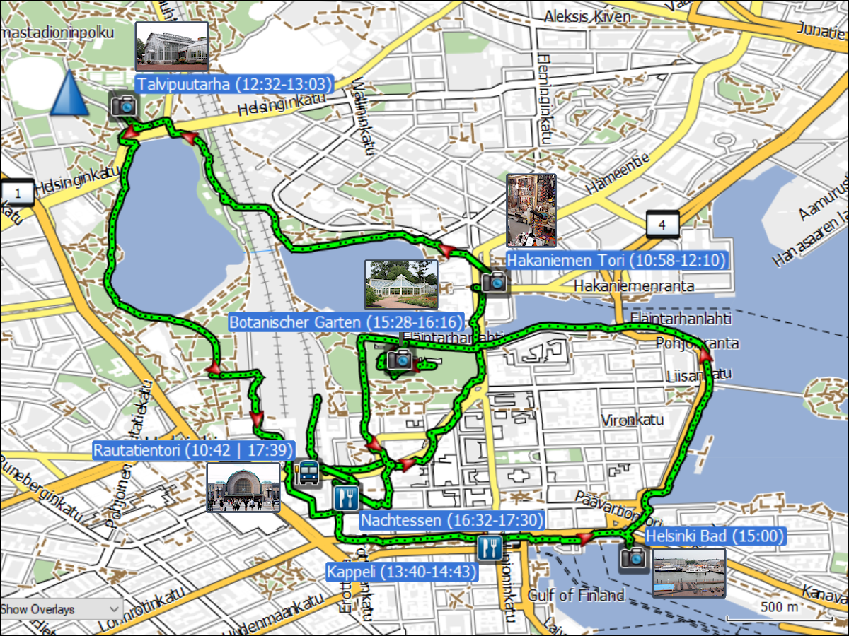 wegstrecke des stadtrundgangs in helsinki