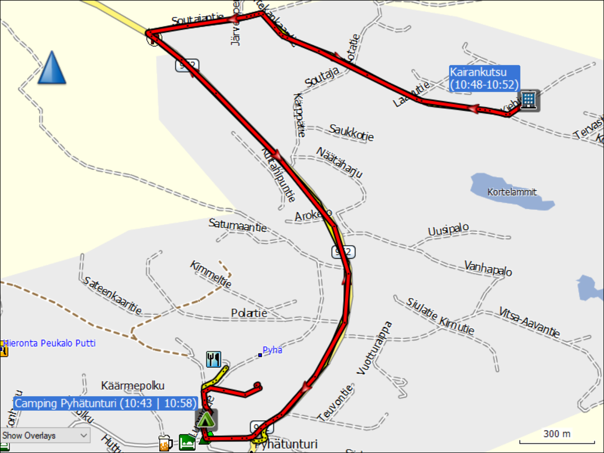 wegstrecke der fahrt vom campingplatz pyhaetunturi zum bootsverleih kairankutsu und zurueck