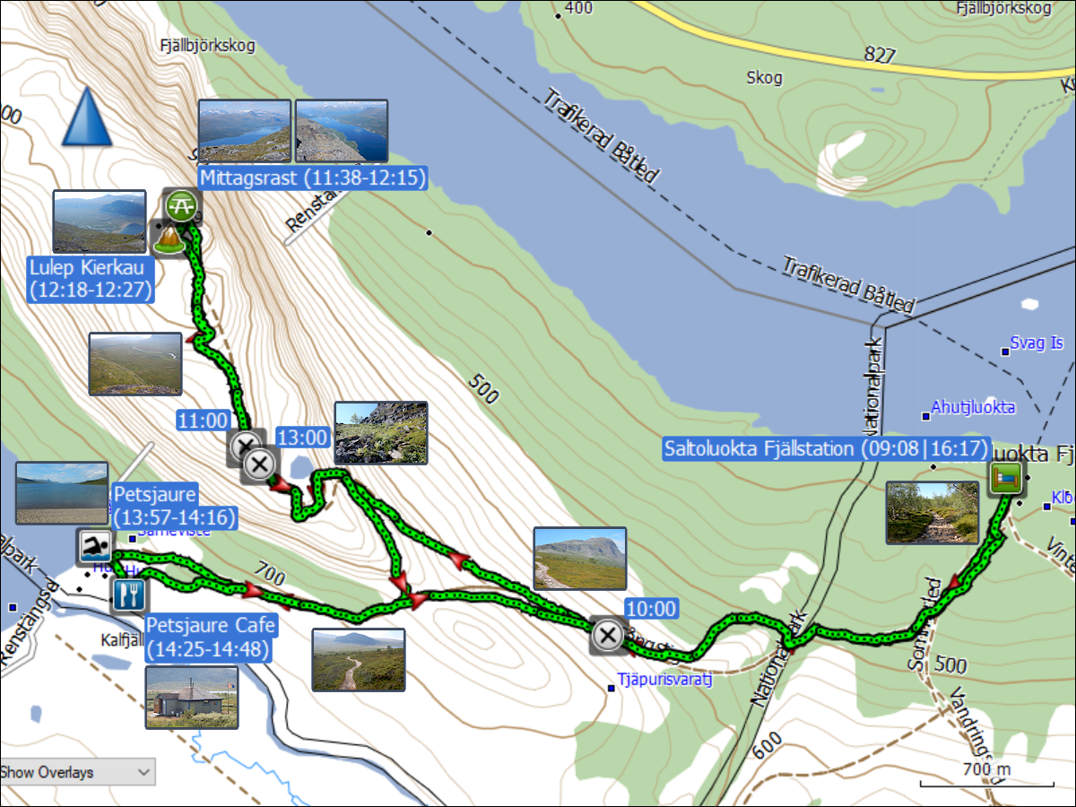 wegstrecke der wanderung von der saltoluokta fjaellstation auf den lulep kierkau und via petsjaure zurueck zur fjaellstation