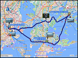 karte mit den gefahrenen wegstrecken und der kajaktour in helsinki sowie der wegstrecke des autozuges von pasila nach oulu