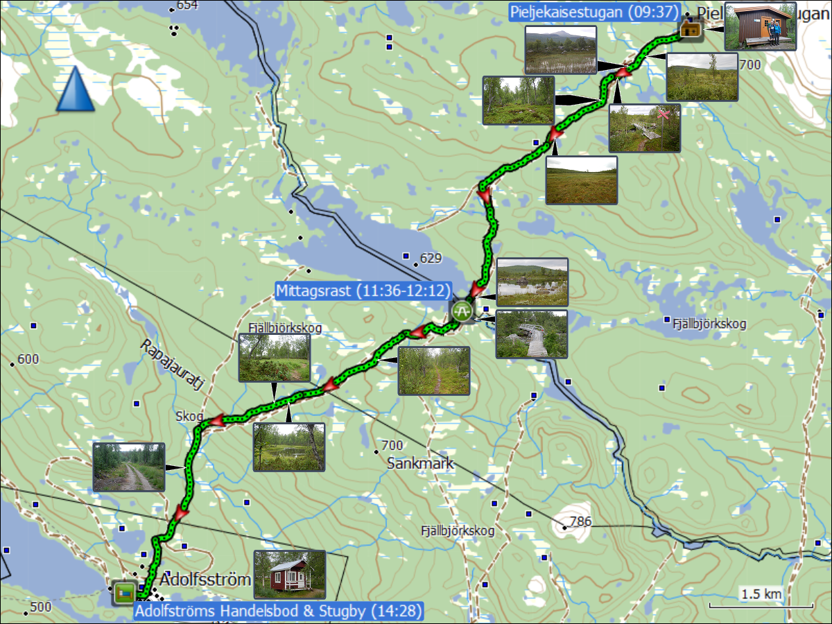 wegstrecke der wanderung von der pieljekaisestugan nach adolfsstroem