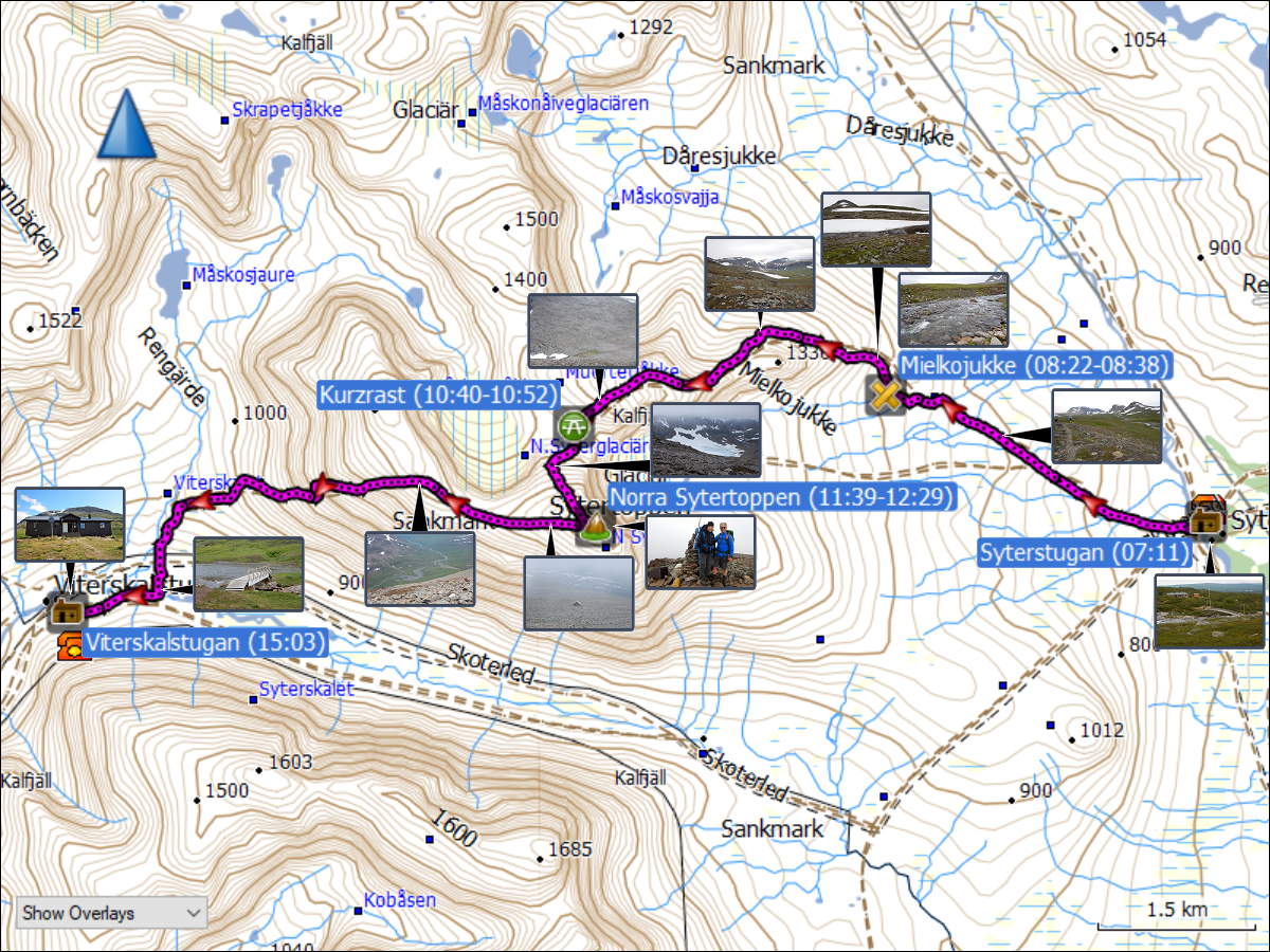 wegstrecke der wanderung von der syterstugan via norra sytertoppen zur viterskalstugan