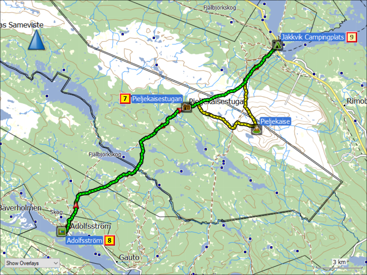 zurueckgelegte wegstrecke auf dem kungsleden von jaekkvik nach adolfsstroem und zurueck mit tageszielen