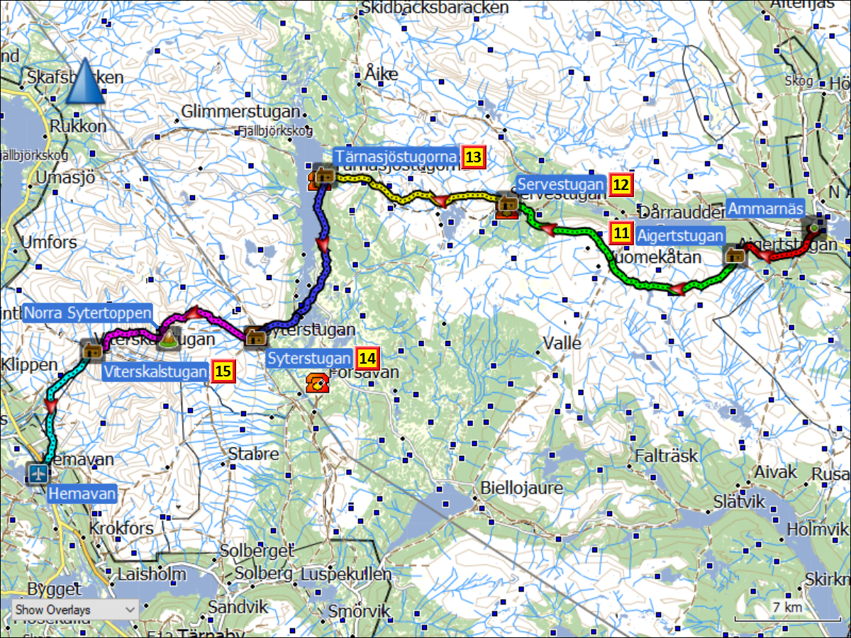 zurueckgelegte wegstrecke auf dem kungsleden von ammarnaes nach hemavan mit tageszielen