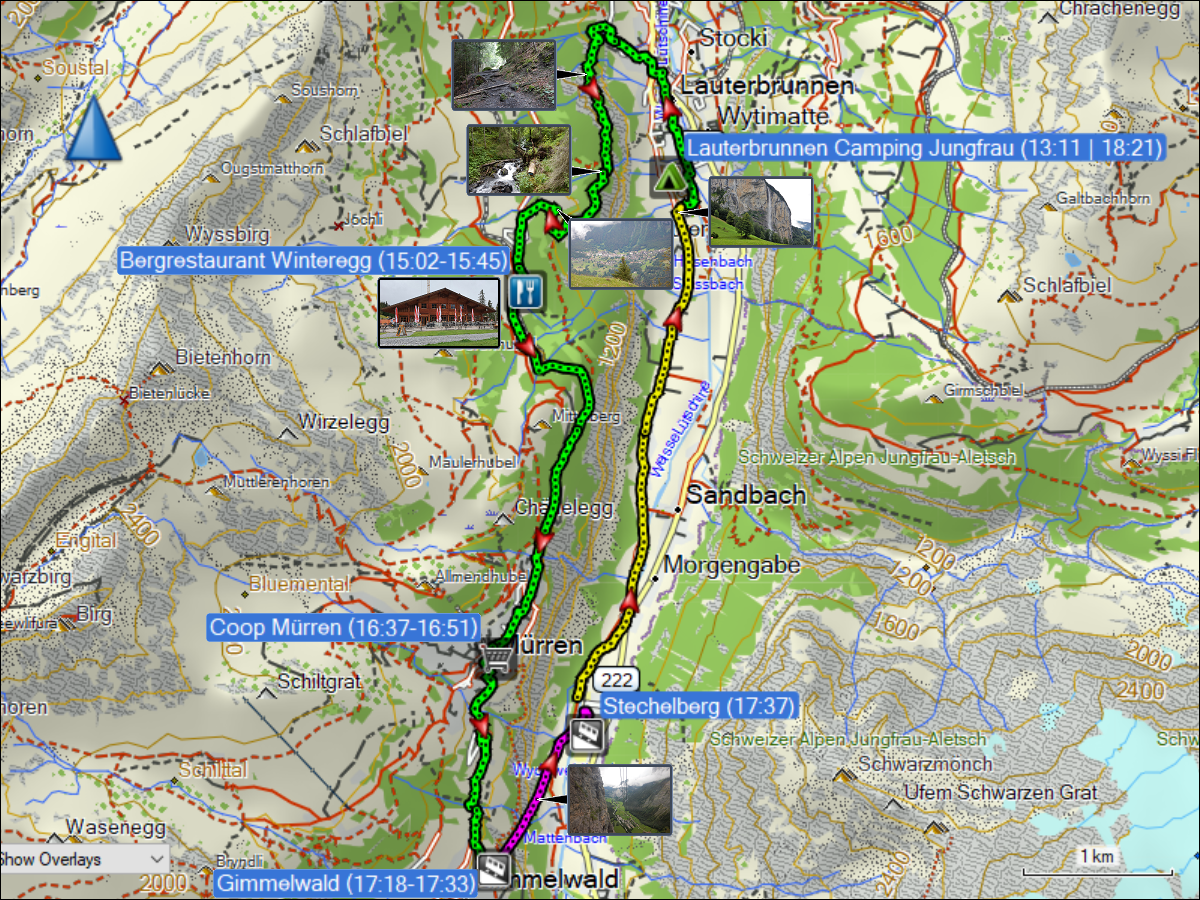 wegstrecke der wanderung von lauterbrunnen via winteregg und muerren nach gimmelwald, der talfahrt mit der seilbahn nach stechelberg und der wanderung zurueck nach lauterbrunnen