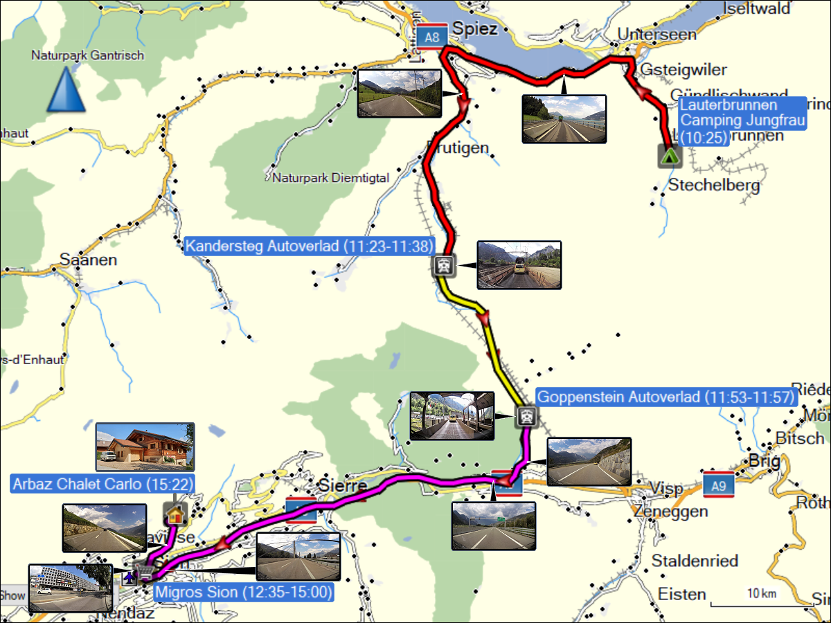 wegstrecke der fahrt vom camping jungfrau in lauterbrunnen durch den loetschberg nach arbaz