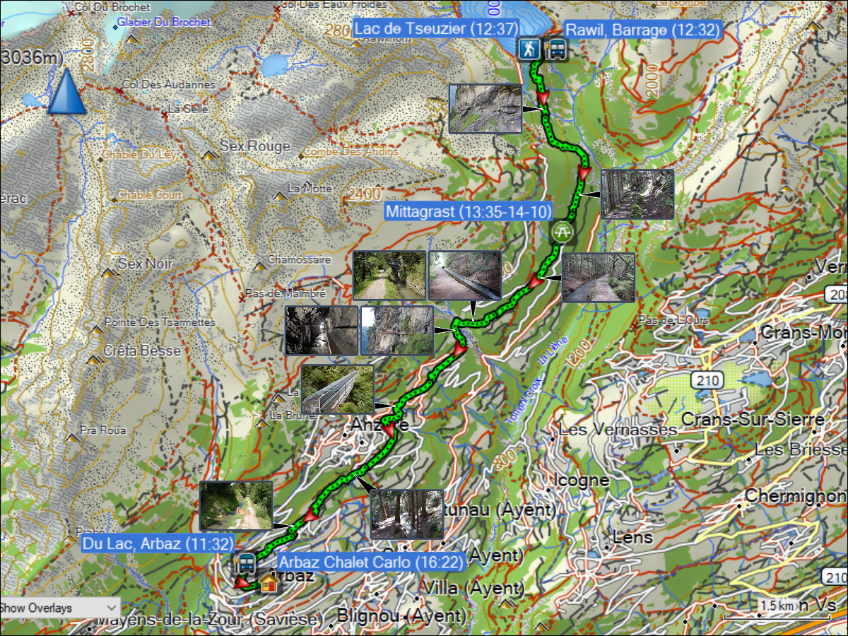 wegstrecke der wanderung vom lac de tseuzier entlang der bisse d'ayent nach arbaz