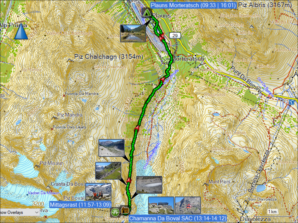 wegstrecke der wanderung vom campingplatz plauns morteratsch zur bovalhuette und zurueck