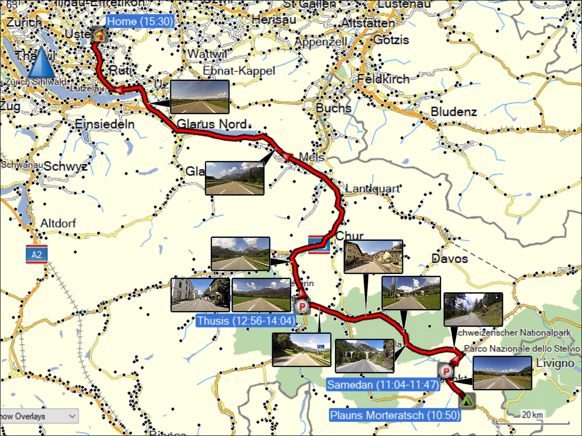 wegstrecke der fahrt von camping plauns morteratsch nach daheim