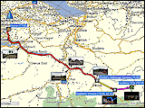 karte und hoehenprofil der fahrt von daheim via vereina-tunnel zum TCS camping gurlaina bei scuol