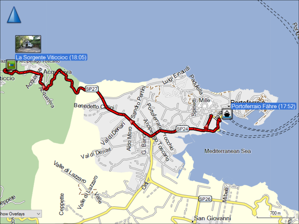 wegstrecke der fahrt vom hafen in portoferraio zum campingplatz la sorgente bei viticcioc