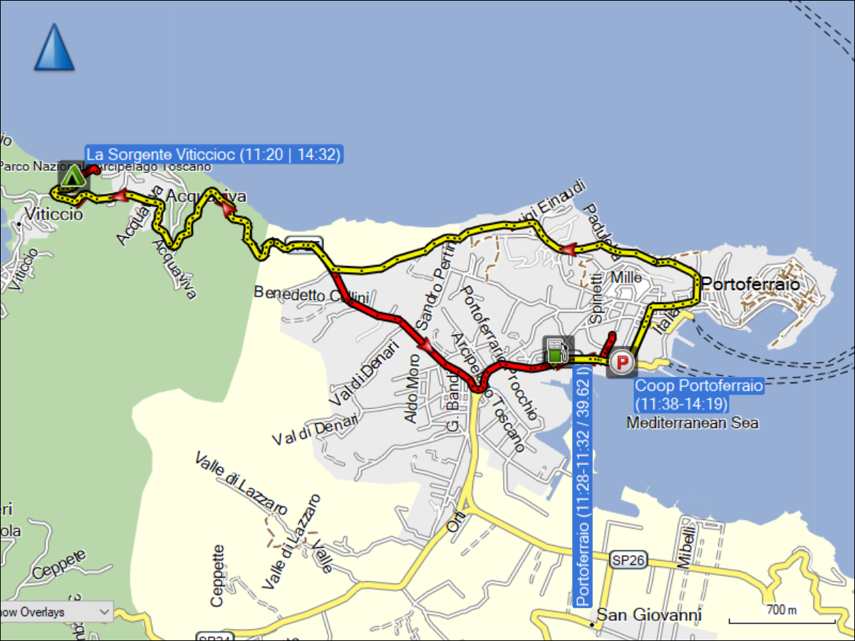 wegstrecke der fahrt vom campingplatz la sorgente bei viticcioc nach portoferraio und zurueck
