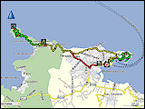 karte der fahrt vom campingplatz la sorgente nach portoferraio und zurueck, karte des stadtrundgangs sowie karte und hoehenprofil der kurzwanderung zum capo d'enfola