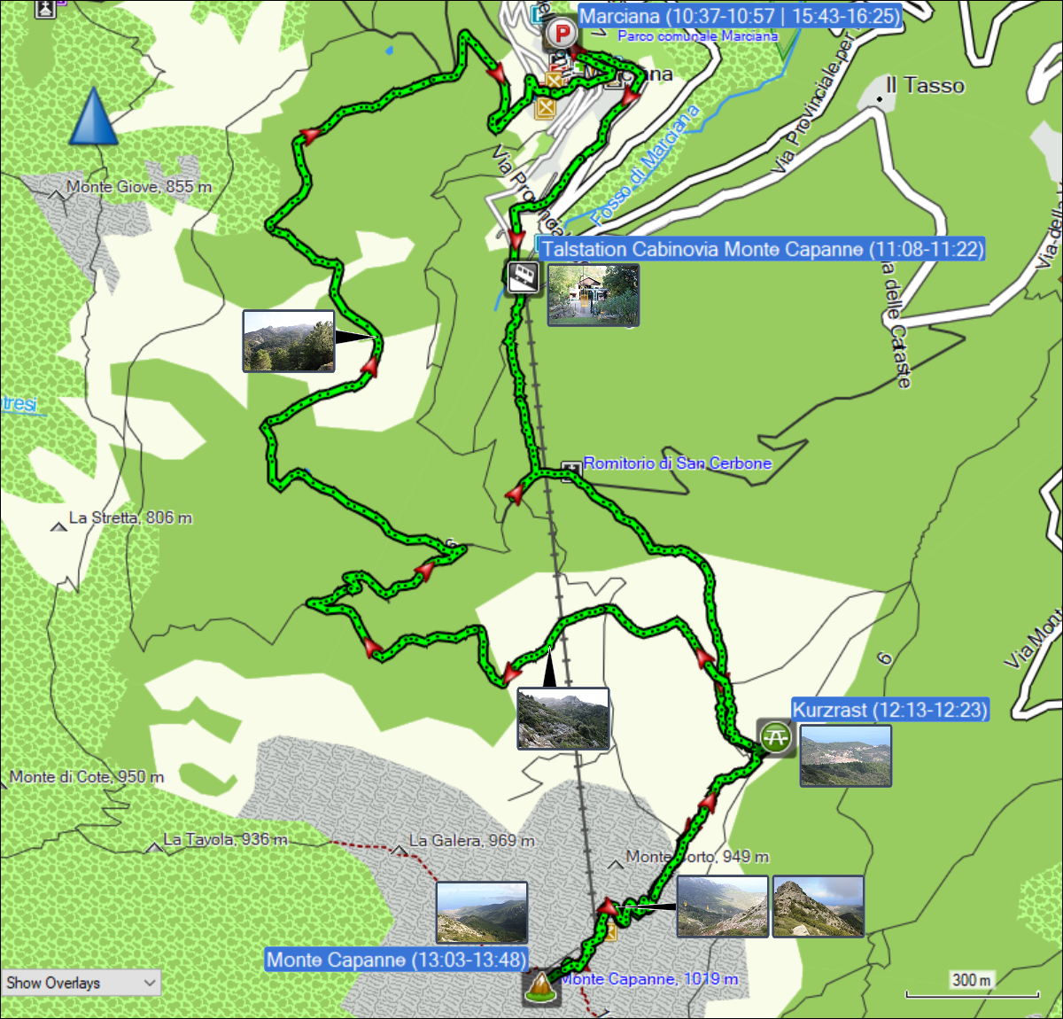 wegstrecke der wanderung von marciana auf den monte capanne und zurueck