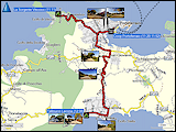 karte und hoehenprofil der fahrt vom campingplatz la sorgente bei viticcioc via coop portoferraio zum campingplatz tallinucci in lacona sowie der wanderung vom campingplatz tallinucci in lacona zum monte capo stella und zurueck