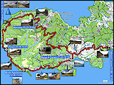 karte und hoehenprofil der rundfahrt entlang der westkueste elbas sowie karte und hoehenprofil der kurzwanderung bei fetovaia