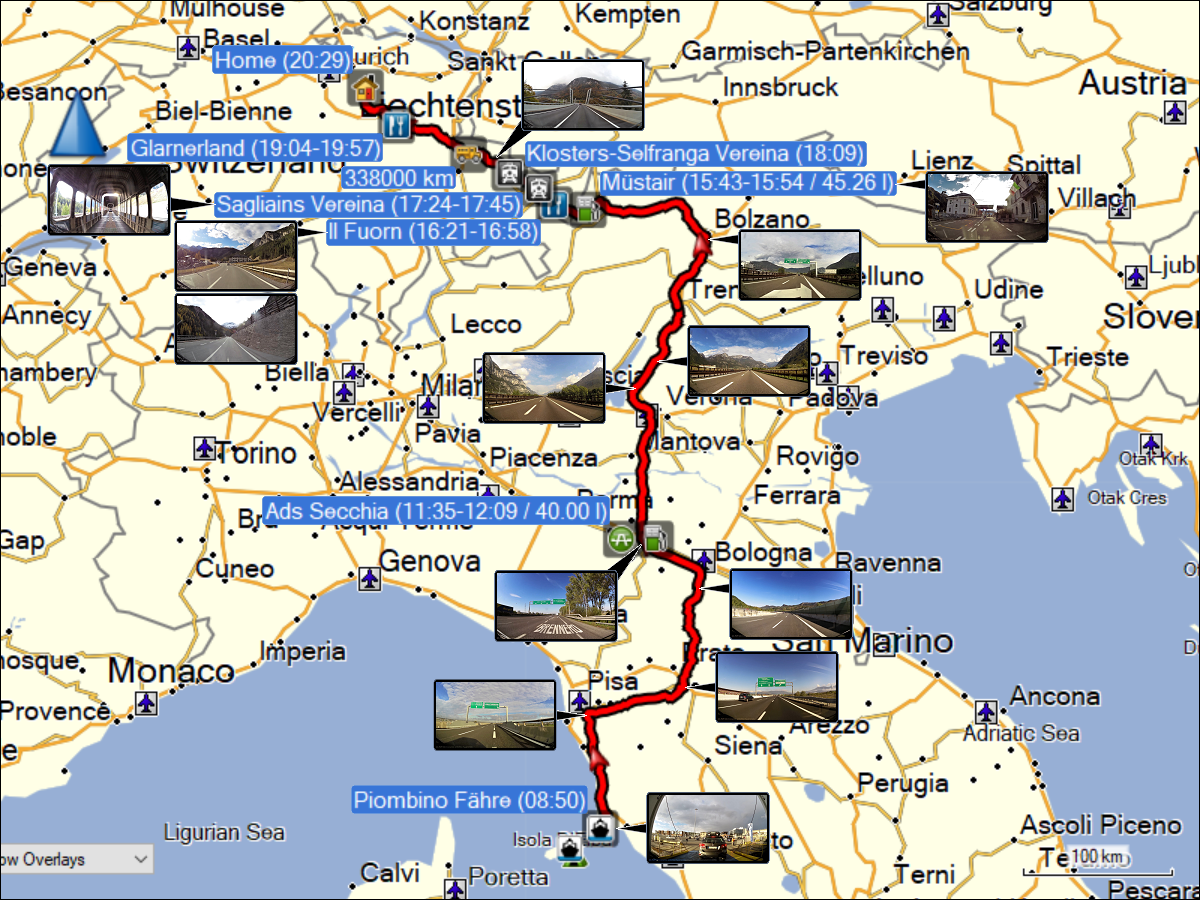 wegstrecke der fahrt vom hafen in piombino nach daheim