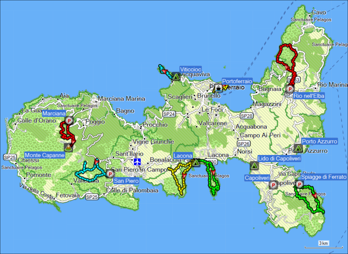 zurueckgelegte wegstrecke der wanderungen auf elba