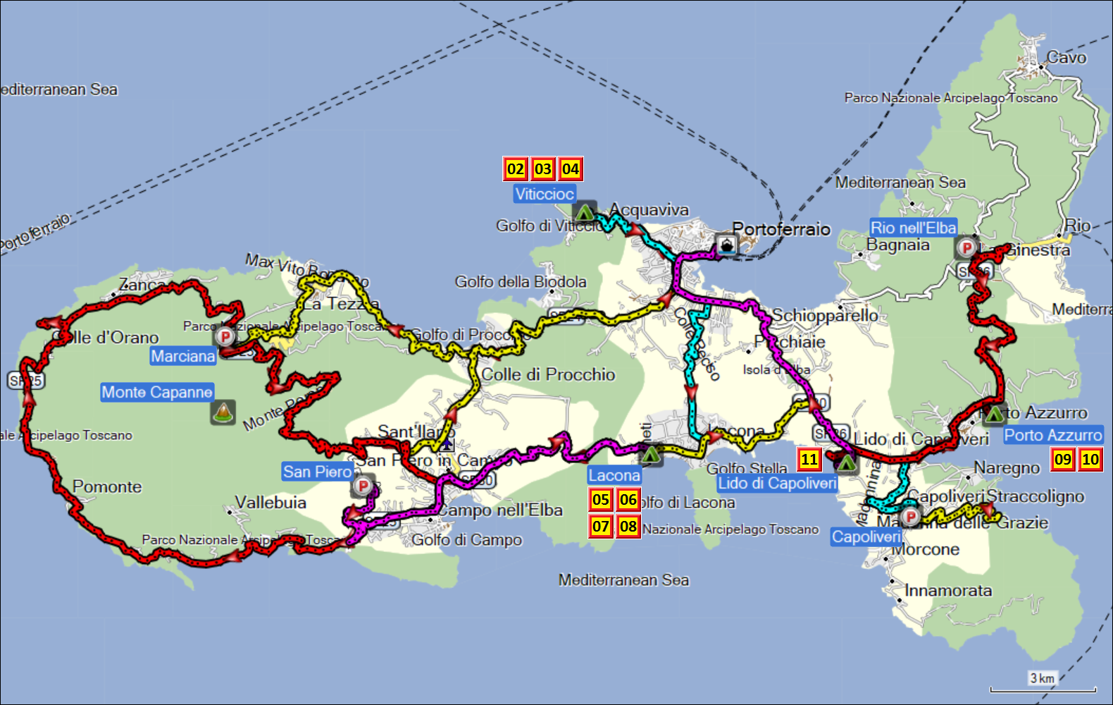 zurueckgelegte wegstrecke auf elba mit tageszielen